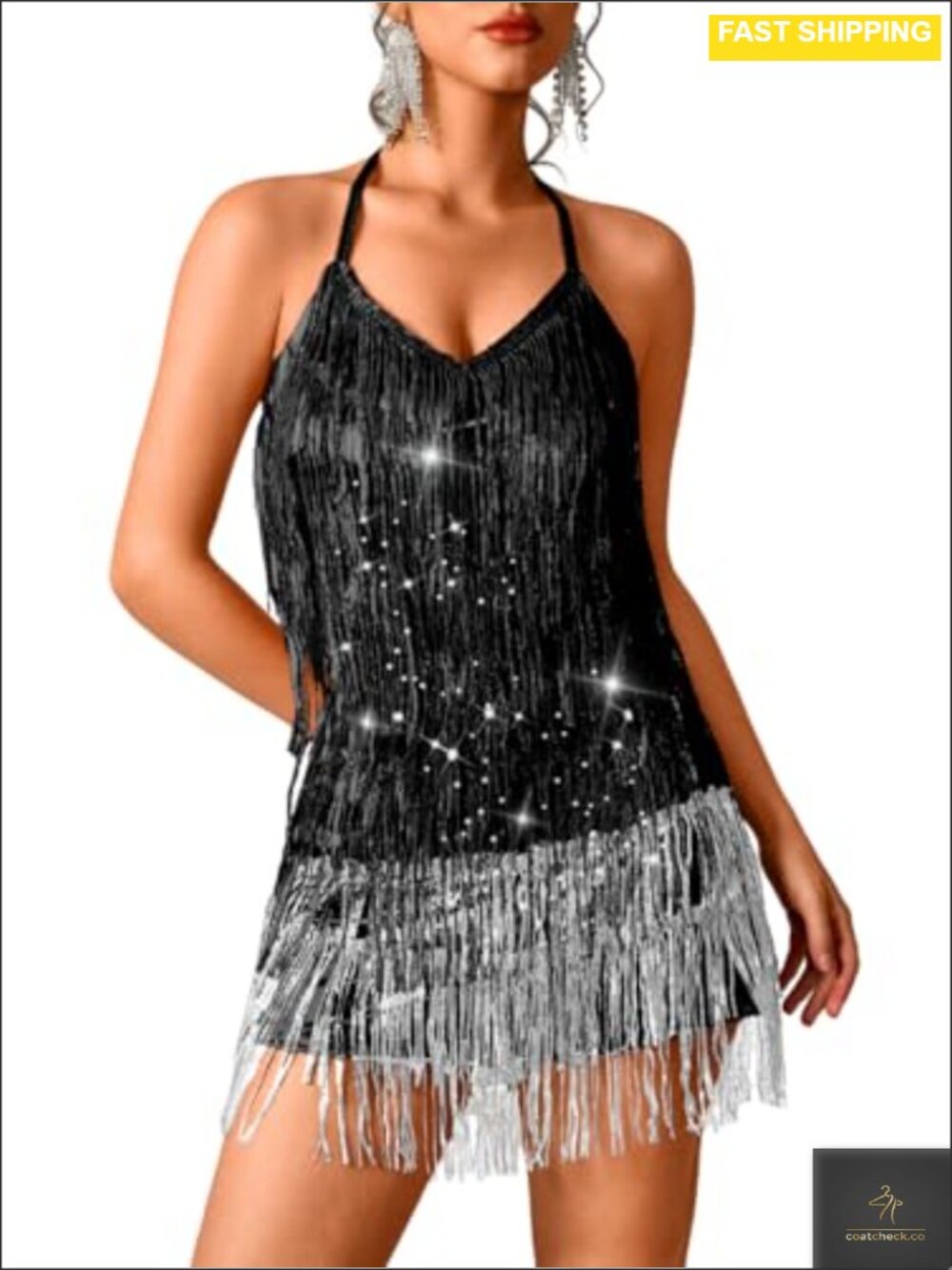Sequin Fringe Halter Mini Romper Dress for Rave Concert Festival